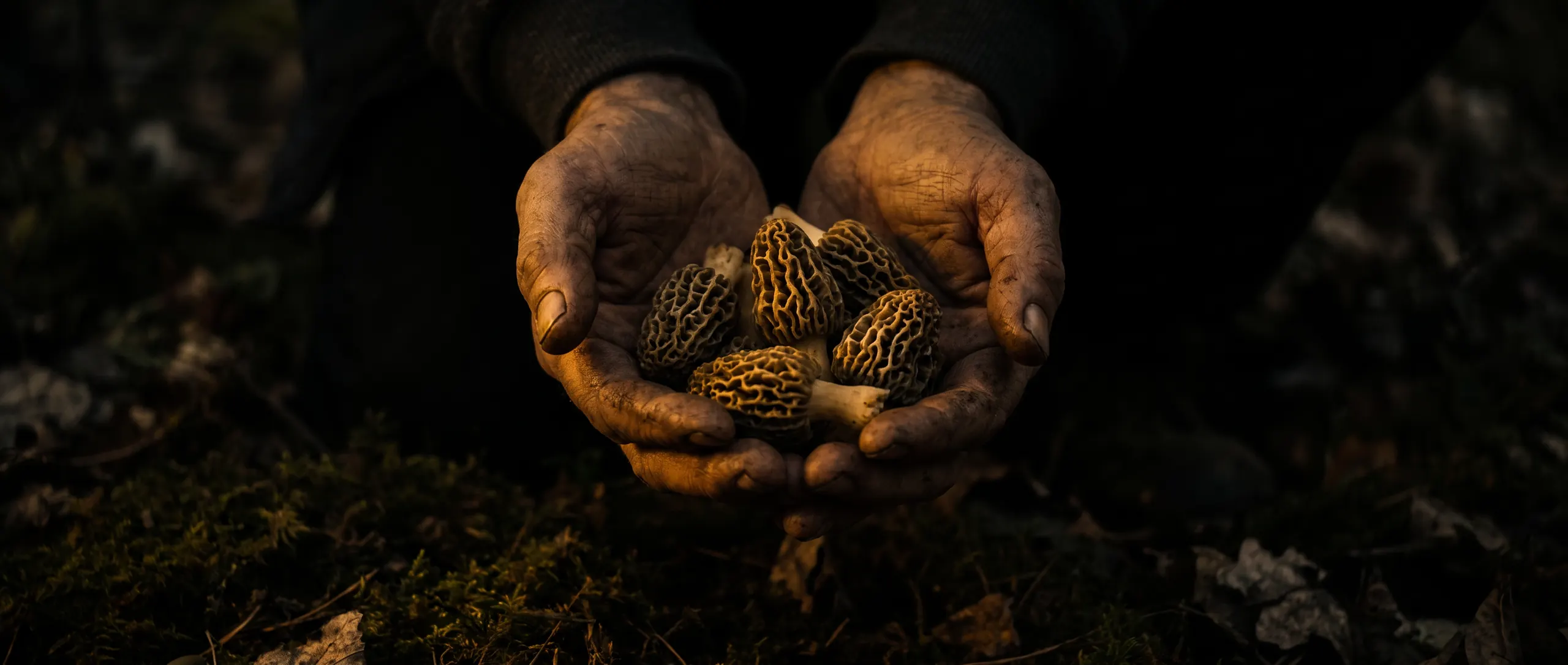 A forager's weathered hands cupping freshly gathered morels
